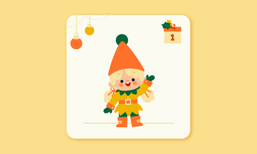 A colorful digital illustration of a cute, cheerful, happy Christmas elf girl waving