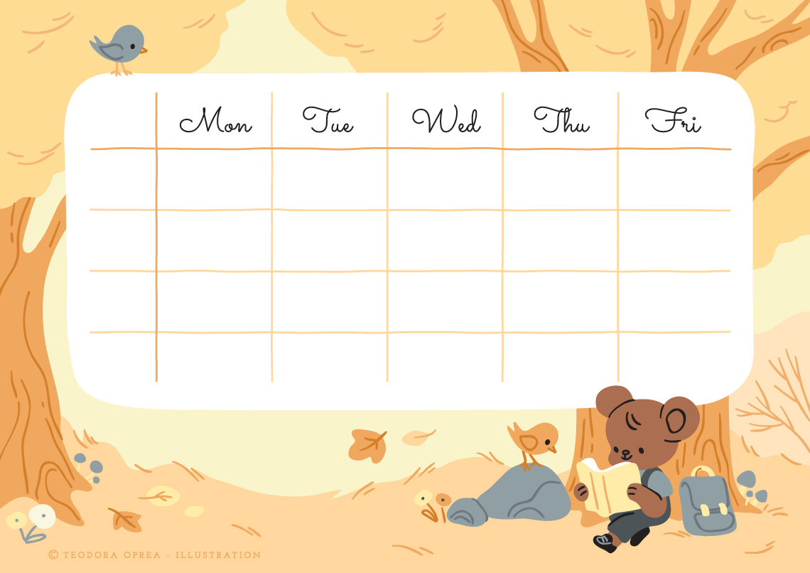 School timetable design with illustration of a bear reading