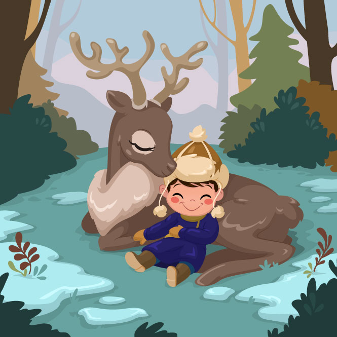 Illustration of a little boy and a reindeer