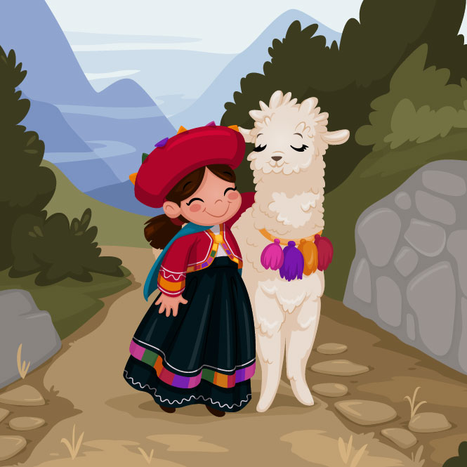 Illustration of a Peruvian girl and her alpaca