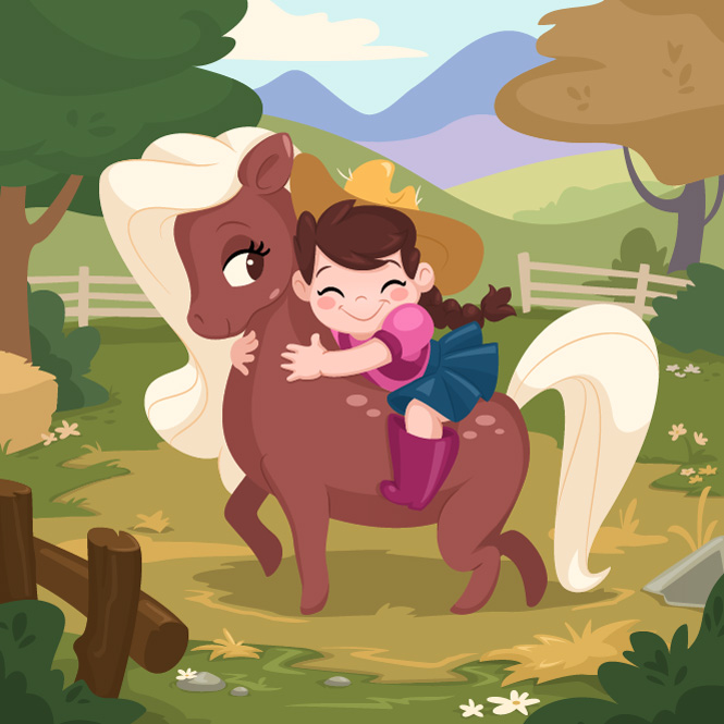 Illustration of a happy girl and her pony