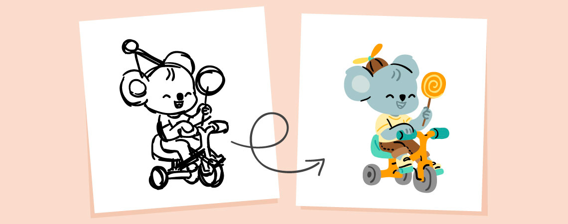 A sketch and the final illustration of a koala riding a tricycle