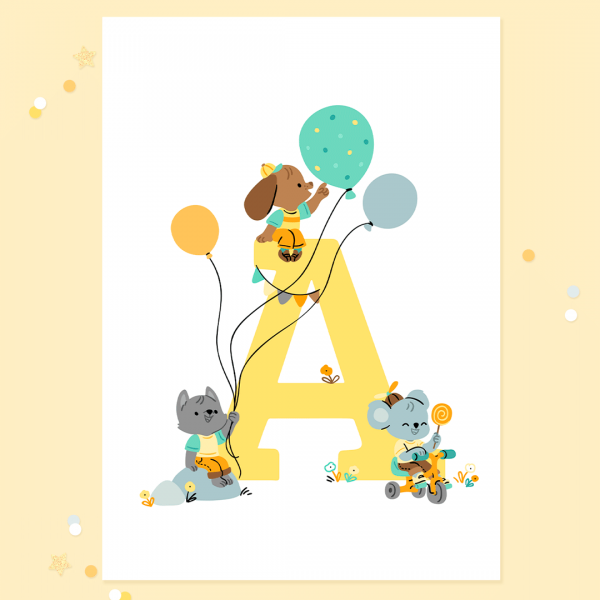 Poster ilustrat pentru copii Friends with Balloons litera A