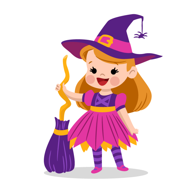Illustration of cute little girl in a witch costume for Halloween