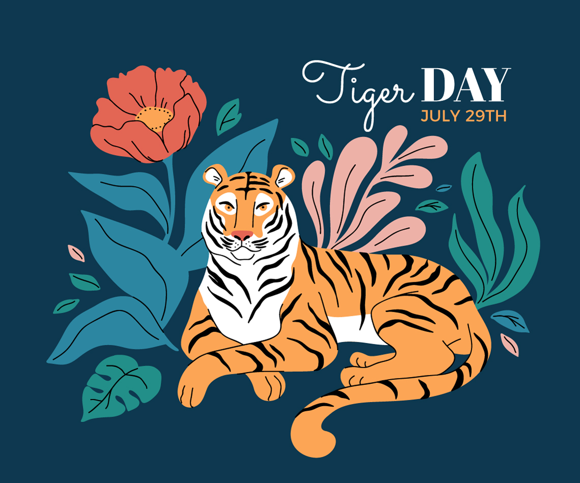 Illustration of a tiger with plants and flowers