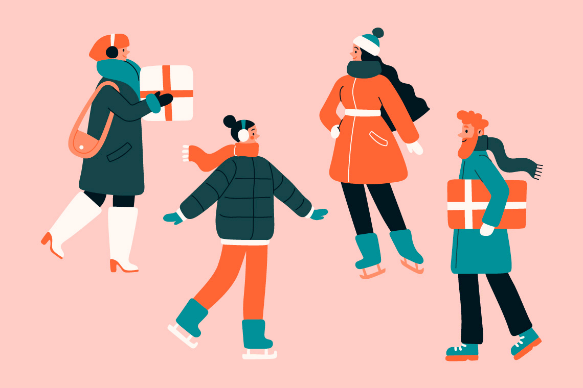 Illustration of people dressed for winter, shopping for gifts and ice-skating